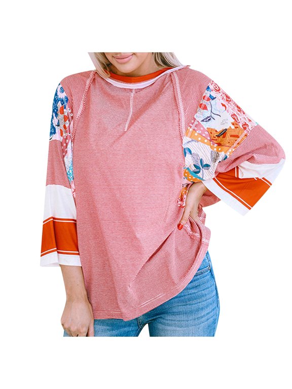 Tunic Tops for Women Loose Fit Dressy Plus Size Winter Fall Relaxed Crewneck Long-sleeved Bell Off the Shoulder with Pocket Floral Leisure Cotton Pullover Tunic(Red,S)