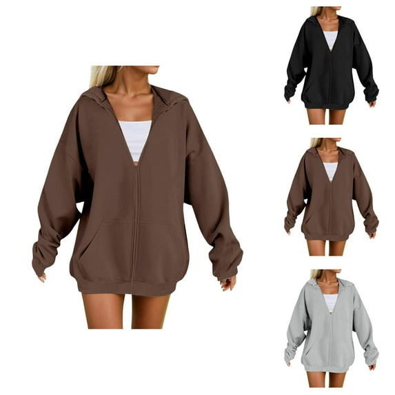 Tunic Tops for Women Loose Fit Dressy Women's Solid Color Sweatshirt Women's Zip Up Hoodie Casual Pullover Sweatshirt For Fall Winter Comfortable Soft Warm Outerwear With Hood For Daily Wear
