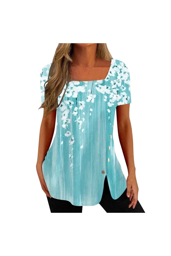 Tunic Tops for Women Sale,Square Neck Shirt Floral Print Summer Elegant Going Out Side Split Button Casual Loose Short Sleeve Ladies Blouses T Shirts Long Length Tunic Tops for Leggings Size 18