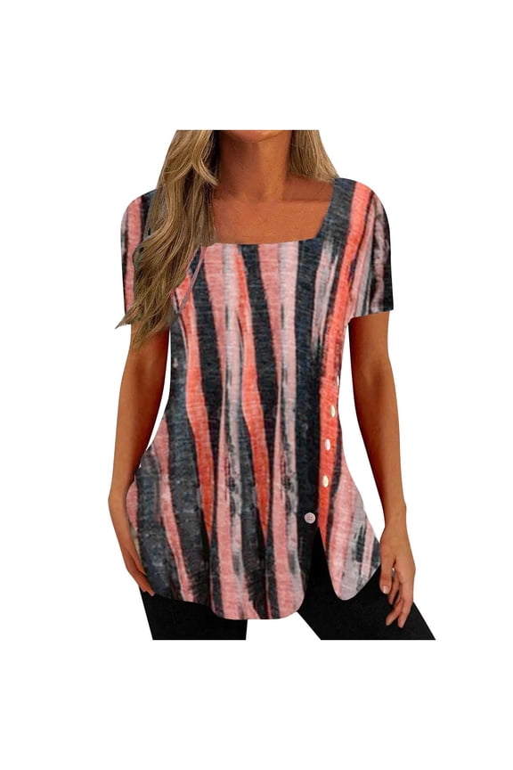 Tunic Tops for Women Sale,Square Neck Shirt Floral Print Summer Elegant Going Out Side Split Button Casual Loose Short Sleeve Ladies Blouses T Shirts Long Length Tunic Tops for Leggings Size 18