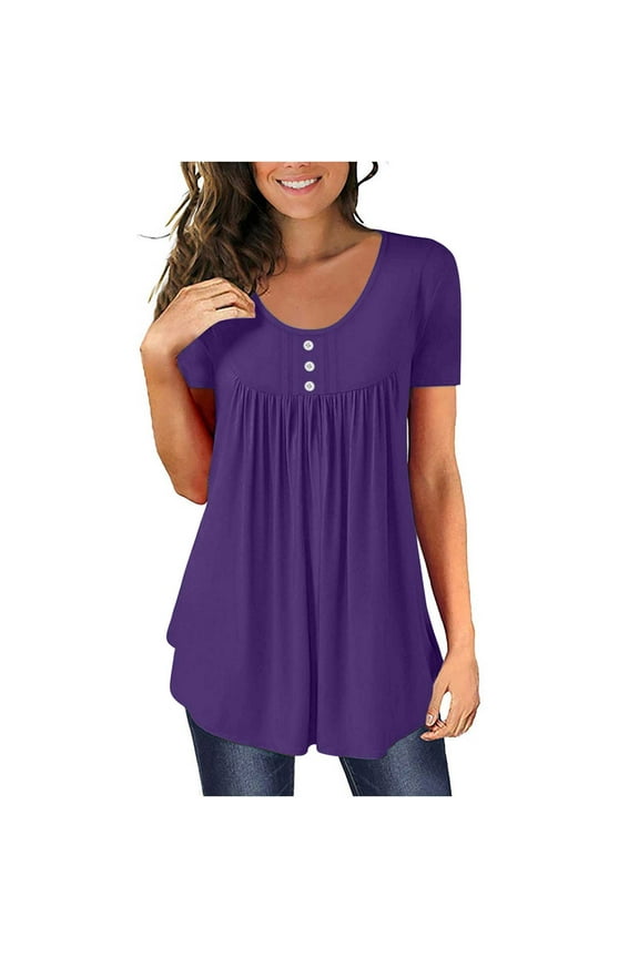 Womens Tops Short Sleeve Round Neck Swing Tunic T-Shirt Solid Button Shirt Ladies Blouse Plus Size Basic Tees Loose Fit Summer Clothes to Hide Belly Fat Casual Outfits