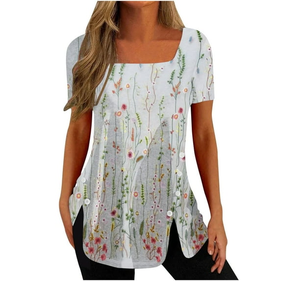 Tunic Tops for Women ,Square Neck Shirt Floral Print Summer Elegant Going Out Side Split Button Casual Loose Short Sleeve Ladies Blouses T Shirts Long Length Tunic Tops for Leggings