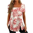 thumbnail image 1 of Tunic Tops for Women ,Square Neck Shirt Floral Print Summer Elegant Going Out Side Split Button Casual Loose Short Sleeve Ladies Blouses T Shirts Long Length Tunic Tops for Leggings, 1 of 5