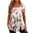 thumbnail image 1 of Tunic Tops for Women ,Square Neck Shirt Floral Print Summer Elegant Going Out Side Split Button Casual Loose Short Sleeve Ladies Blouses T Shirts Long Length Tunic Tops for Leggings Size 18, 1 of 4