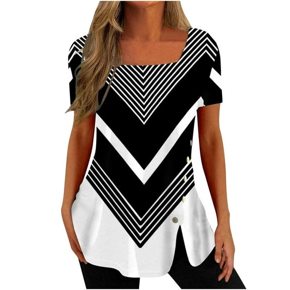 Tunic Tops for Women ,Square Neck Shirt Floral Print Summer Elegant Going Out Side Split Button Casual Loose Short Sleeve Ladies Blouses T Shirts Long Length Tunic Tops for Leggings Size 18