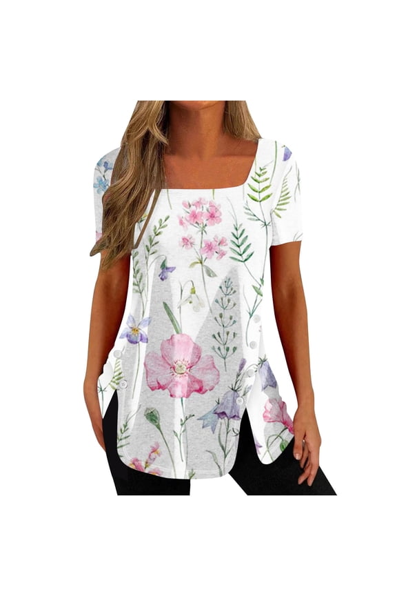 Tunic Tops for Women ,Square Neck Shirt Floral Print Summer Elegant Going Out Side Split Button Casual Loose Short Sleeve Ladies Blouses T Shirts Long Length Tunic Tops for Leggings