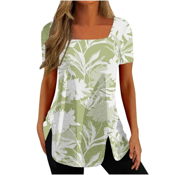 Tunic Tops for Women ,Square Neck Shirt Floral Print Summer Elegant Going Out Side Split Button Casual Loose Short Sleeve Ladies Blouses T Shirts Long Length Tunic Tops for Leggings