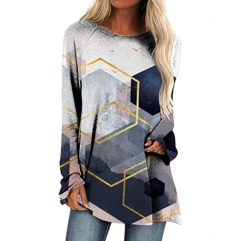 Tunic Tops for Women to Wear with Leggings Trendy Color Geometric Print  Crewneck Sweatshirts Summer Long Sleeve Shirts Reduced Long Sleeve Shirts  for