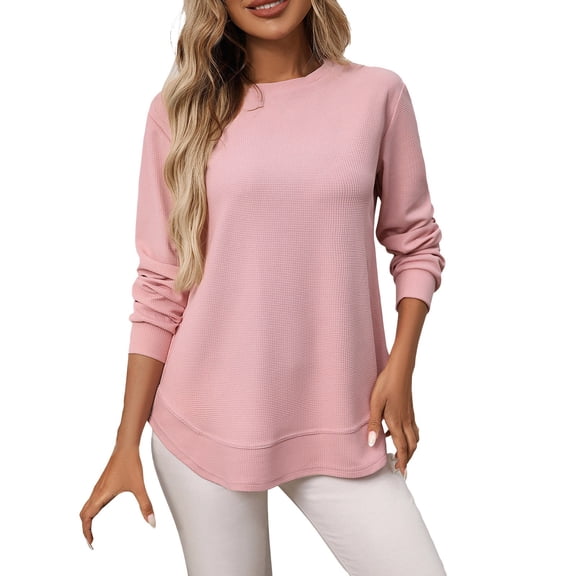 Tunic Tops, Yigetop Womens Long Sleeve Round Neck Shirts Side Split Basic Loose Tops Casual 2025 Crew Neck Tops A Little Run Big Womens Fall Fashion 2025 Pink M