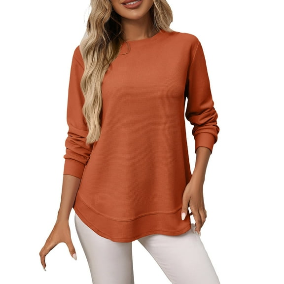 Tunic Tops, Yigetop Womens Long Sleeve Round Neck Shirts Side Split Basic Loose Tops Casual 2025 Crew Neck Tops A Little Run Big Womens Fall Fashion 2025 Brown M