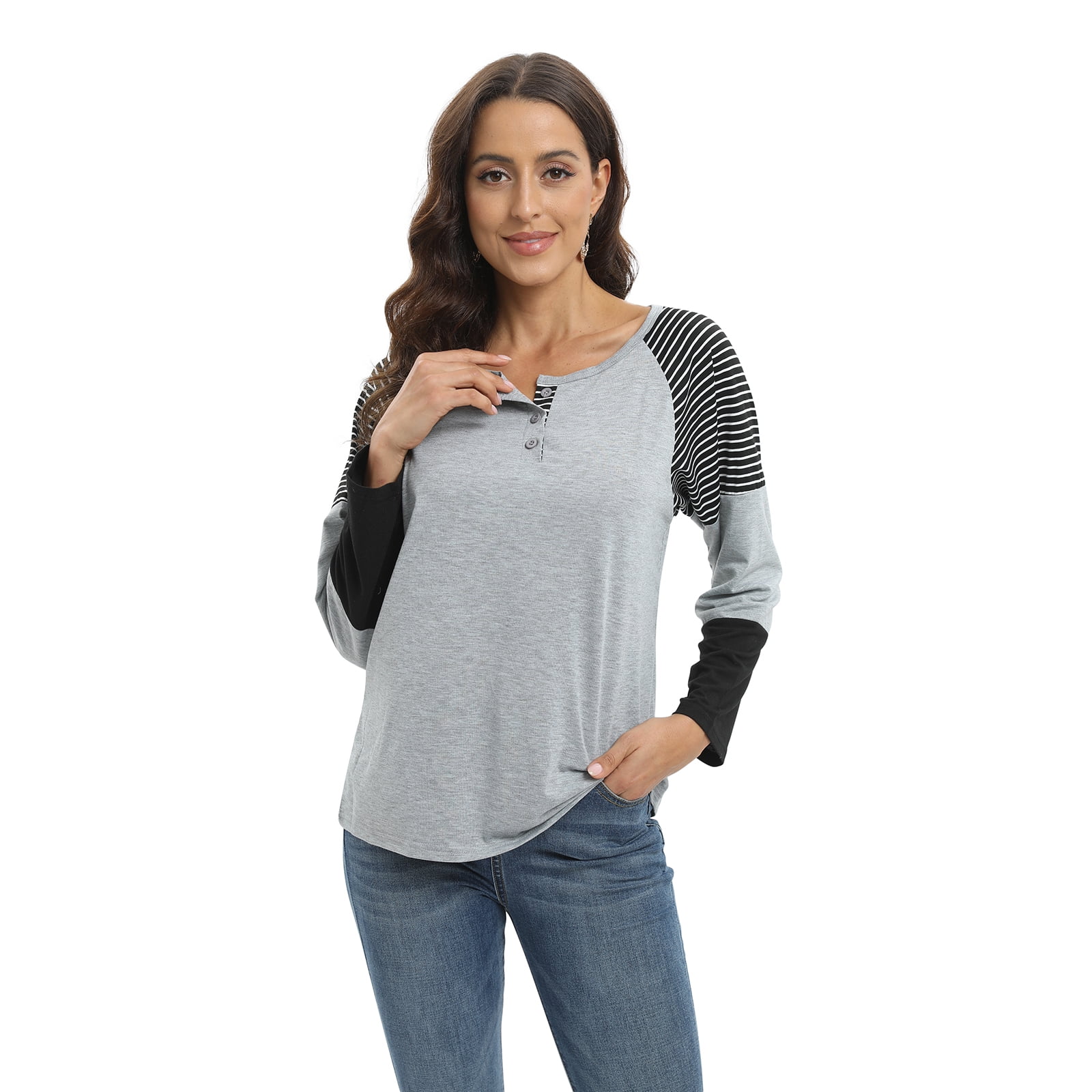 Tunic Tops for Leggings for Women Long Sleeve Round Neck Tricolor Stitching  T Shirts Casual Loose Fit Blouses,Grey S-2XL