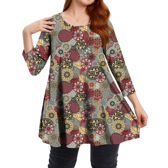 Sprinmer Tunic Tops for Women 3/4 Sleeve Plus Size Loose Fit Flare Shirt Dressy Casual Floral Flowy Blouse