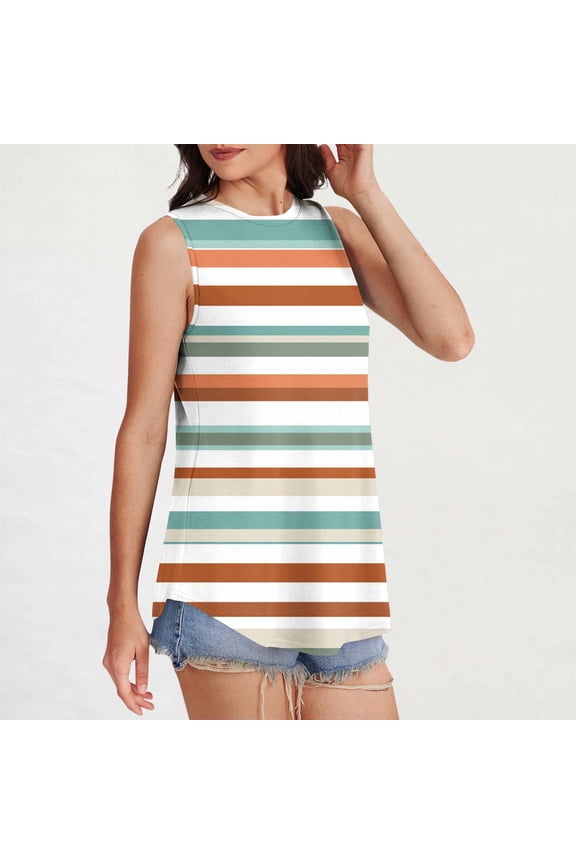 Tunic Tops for Women Fashion Striped Print Sleeveless Shirts Leisure Loose Fit Standard Straps Blouses