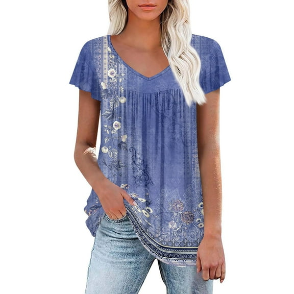 Tunic Tops for Women Floral Printed Short Sleeve V Neck T-Shirts Elegant Pleated Summer Shirts Tops Loose Blouses Fit Casual Bohemian Top