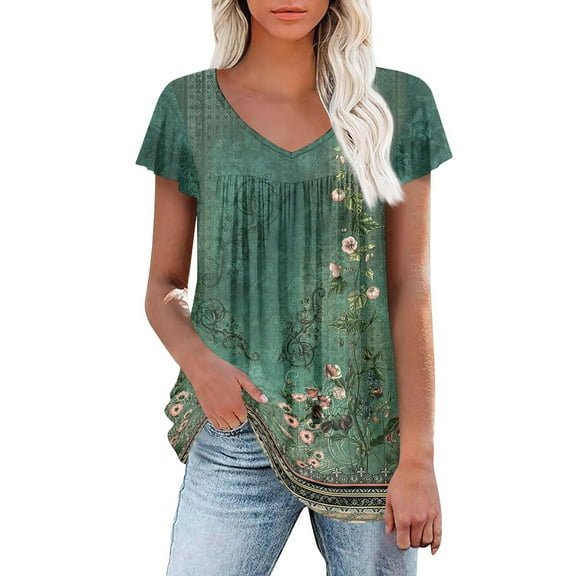 Tunic Tops for Women Floral Printed Short Sleeve V Neck Tunic Tops Elegant Pleated Summer Shirts Tops Loose Blouses Fit Casual Bohemian Top