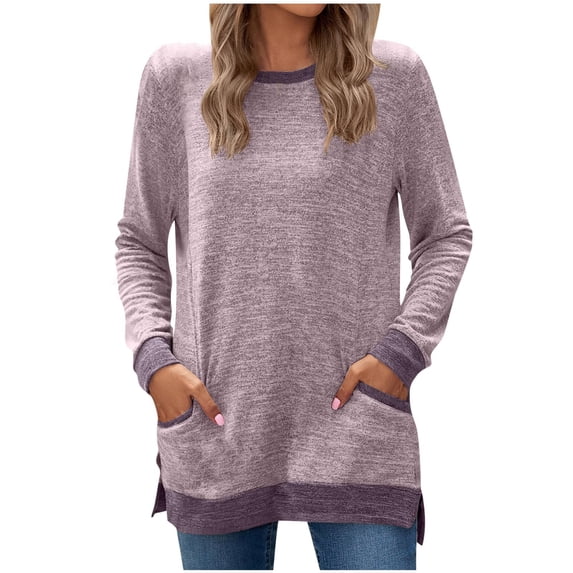 Tunic Tops for Women Long Sleeve Ultra Soft Color Block Side Split Pullover Tops Crewneck Casual Blouses with Pocket