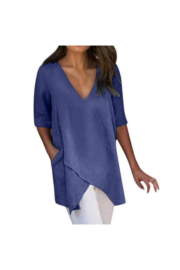 Tunic Tops for Women Loose Fit Cotton Line Shirt Blouse Sexy Low Cut Short Sleeve Shirt Asymmetric Drop Tail Hem Tees