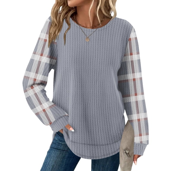 Tunic Tops for Women Loose Fit Dressy Color Block Waffle Knit Long Sleeve Shirts Trendy Fall Fashion Crewneck Sweaters Curved Hem Light Gray L