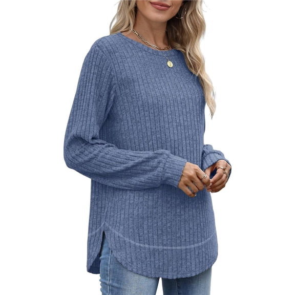 Tunic Tops for Women Loose Fit Dressy Long Sleeve Shirts Womens Sweaters Crew Neck Fall Clothing Blue XL