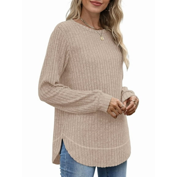 Tunic Tops for Women Loose Fit Dressy Long Sleeve Shirts Womens Sweaters Crew Neck Fall Clothing Brown XL