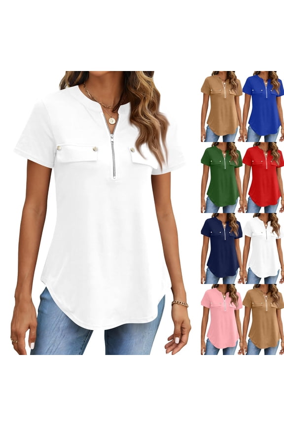 Tunic Tops for Women Loose Fit Dressy Short Sleeve Zip Front Flowy Business Work Blouses Summer Fashion Clothing 2026 White XL