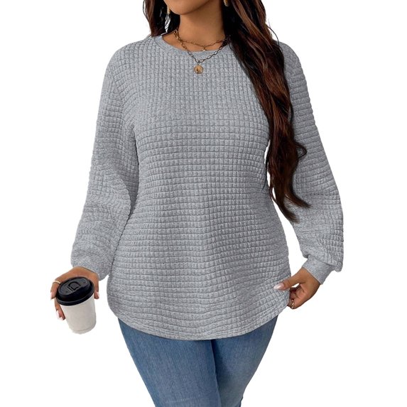 Tunic Tops for Women Loose Fit Dressy Waffle Knit Long Sleeve Shirts Trendy Fall Crewneck Sweaters Silver Gray 4XL