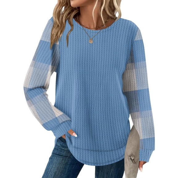 Tunic Tops for Women Loose Fit Dressy Waffle Knit Long Sleeve Shirts Trendy Fall Fashion Crewneck Sweaters Curved Hem Blue M