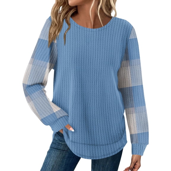 Tunic Tops for Women Loose Fit Dressy Waffle Knit Long Sleeve Shirts Trendy Fall Fashion Crewneck Sweaters Curved Hem Blue M