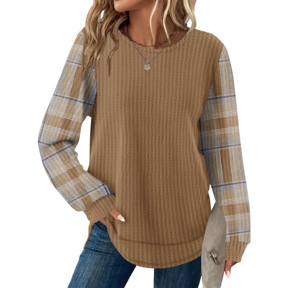 Tunic Tops for Women Loose Fit Dressy Waffle Knit Long Sleeve Shirts Trendy Fall Fashion Crewneck Sweaters Curved Hem Camel M