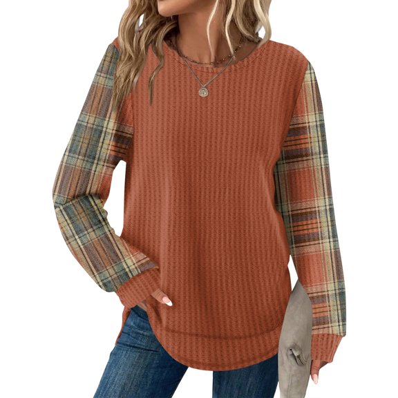 Tunic Tops for Women Loose Fit Dressy Waffle Knit Long Sleeve Shirts Trendy Fall Fashion Crewneck Sweaters Curved Hem Saffron S
