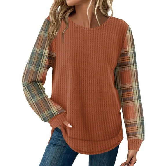 Tunic Tops for Women Loose Fit Dressy Waffle Knit Long Sleeve Shirts Trendy Fall Fashion Crewneck Sweaters Curved Hem Saffron S