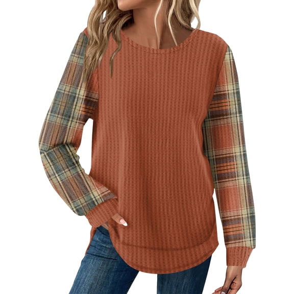 Tunic Tops for Women Loose Fit Dressy Waffle Knit Long Sleeve Shirts Trendy Fall Fashion Crewneck Sweaters Curved Hem Saffron XL
