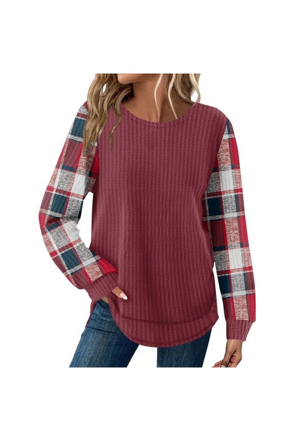 Tunic Tops for Women Loose Fit Dressy Waffle Knit Long Sleeve Shirts Trendy Fall Fashion Crewneck Sweaters Curved Hem Wine M