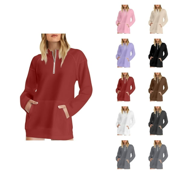 Tunic Tops for Women Loose Fit Dressy Women's Solid Color Sweatshirt Women's Half Zip Pocket Hooded Sweatshirt Without