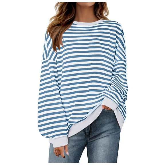 Tunic Tops for Women Loose Fit Fall Stretch Crewneck Long-sleeved Dolman Off the Shoulder with Pocket Striped Leisure Cotton T Shirt Shirt(Blue,M)