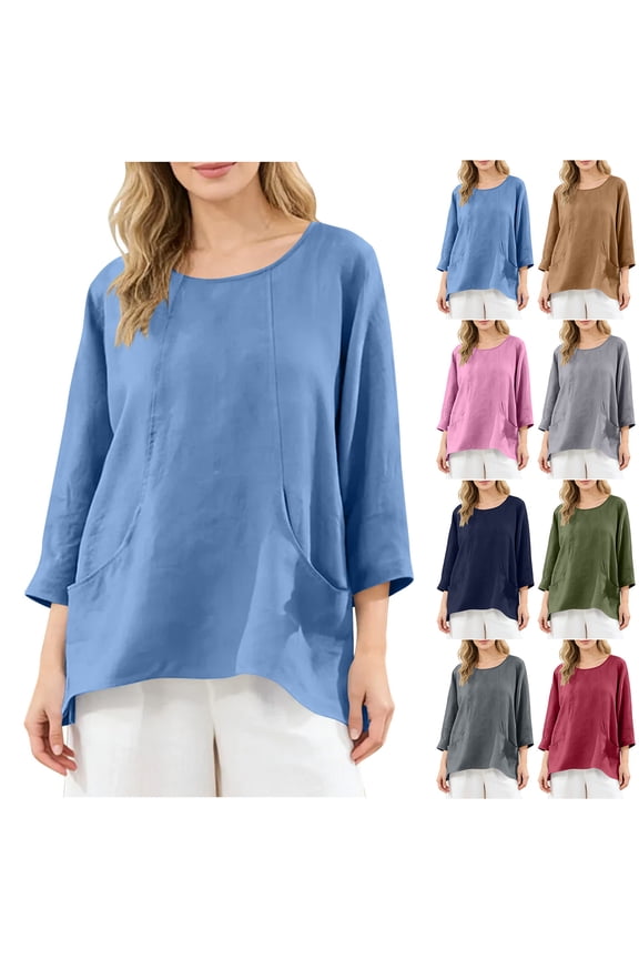 Tunic Tops for Women Loose Fit Long Sleeve Cotton Linen T-shirts with Pockets Crew Neck Casual Vacation Clothes (M, Blue)