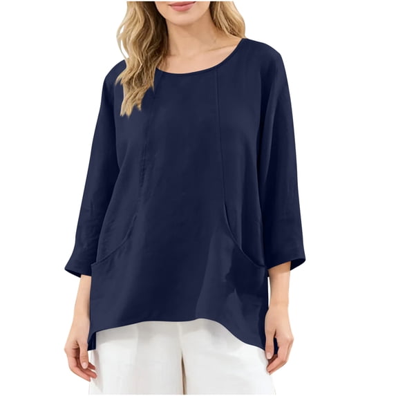 Tunic Tops for Women Loose Fit Long Sleeve Cotton Linen T-shirts with Pockets Crew Neck Casual Vacation Clothes (XL, Navy)
