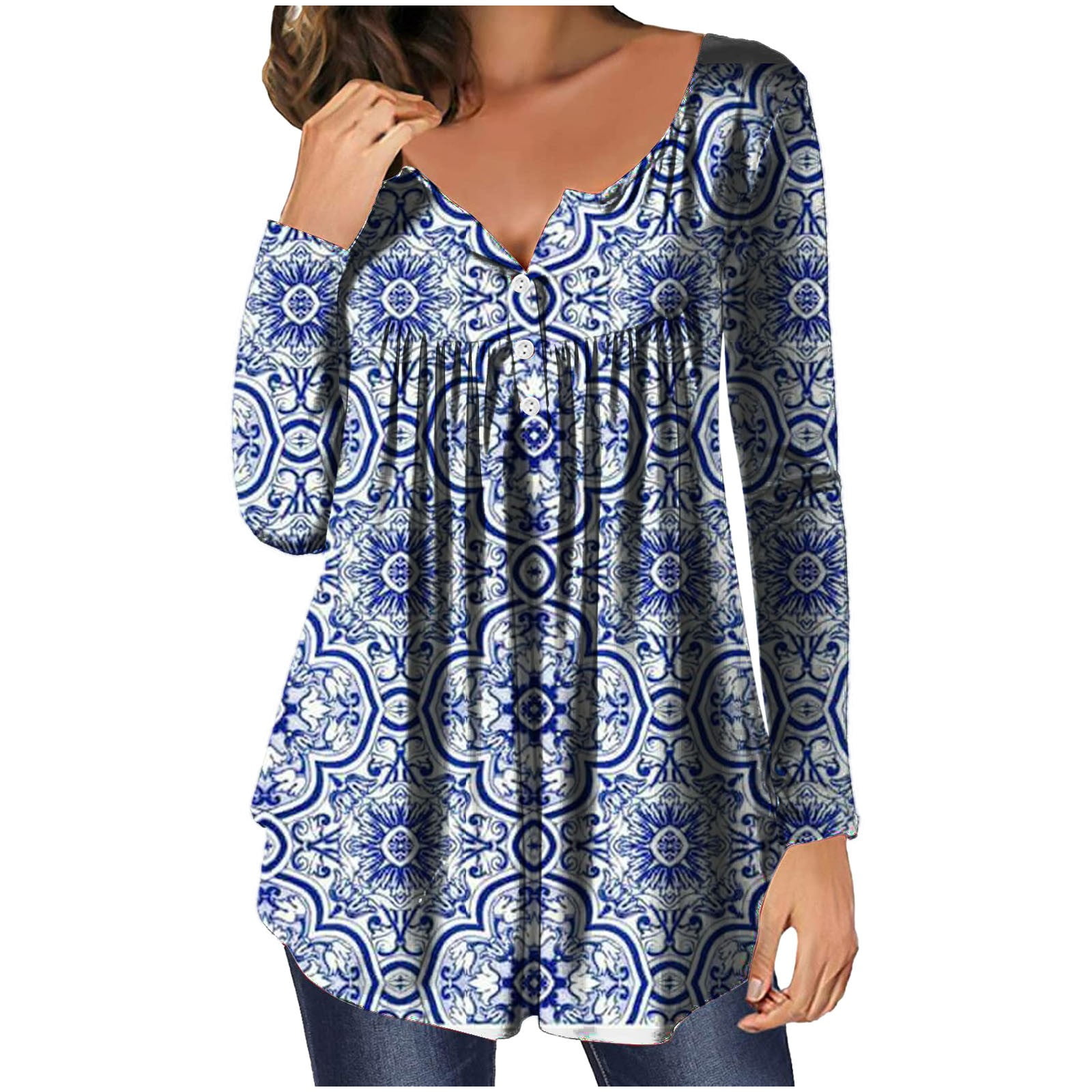 Tunic Tops for Women Loose Fit Ruched Long Sleeve Shirts Casual