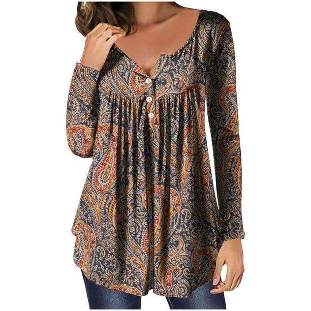 Tunic Tops for Women Loose Fit Ruched Long Sleeve Shirts Casual Flowy Buttons Up Blouses Tunics for Leggings