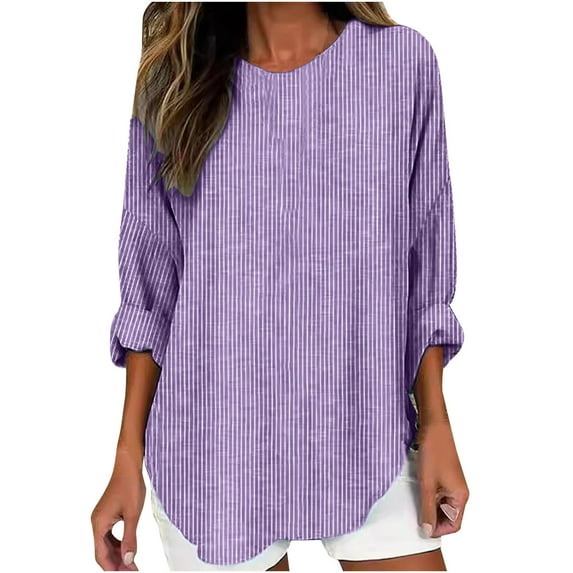 Tunic Tops for Women Loose Fit - Striped Crewneck Tees Roll Up Long Sleeve T Shirts Ladies Fall Winter Clothes (M, Purple)