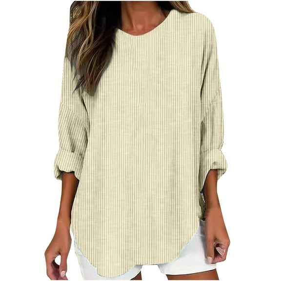 Tunic Tops for Women Loose Fit - Striped Crewneck Tees Roll Up Long Sleeve T Shirts Ladies Fall Winter Clothes (XL, Beige)