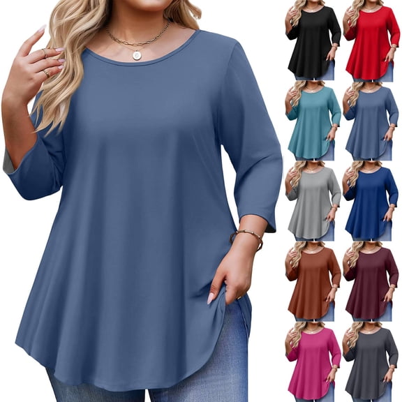 Tunic Tops for Women Plus Size 3/4 Sleeve Crew Neck Swing Flare Loose T-Shirt Blouses to Wear with Leggings Blue 3XL