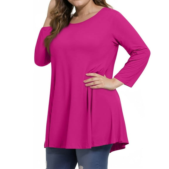 Tunic Tops for Women Plus Size 3/4 Sleeve Crew Neck Swing Flare Loose T-Shirt Blouses to Wear with Leggings Hot Pink 2XL