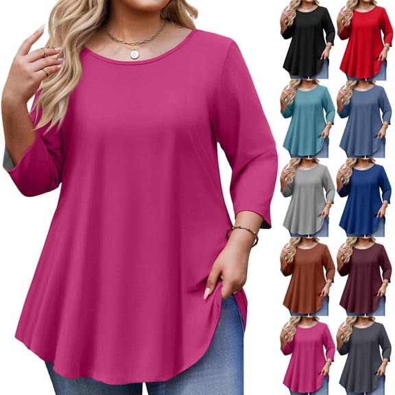 Tunic Tops for Women Plus Size 3/4 Sleeve Crew Neck Swing Flare Loose T-Shirt Blouses to Wear with Leggings Hot Pink 5XL