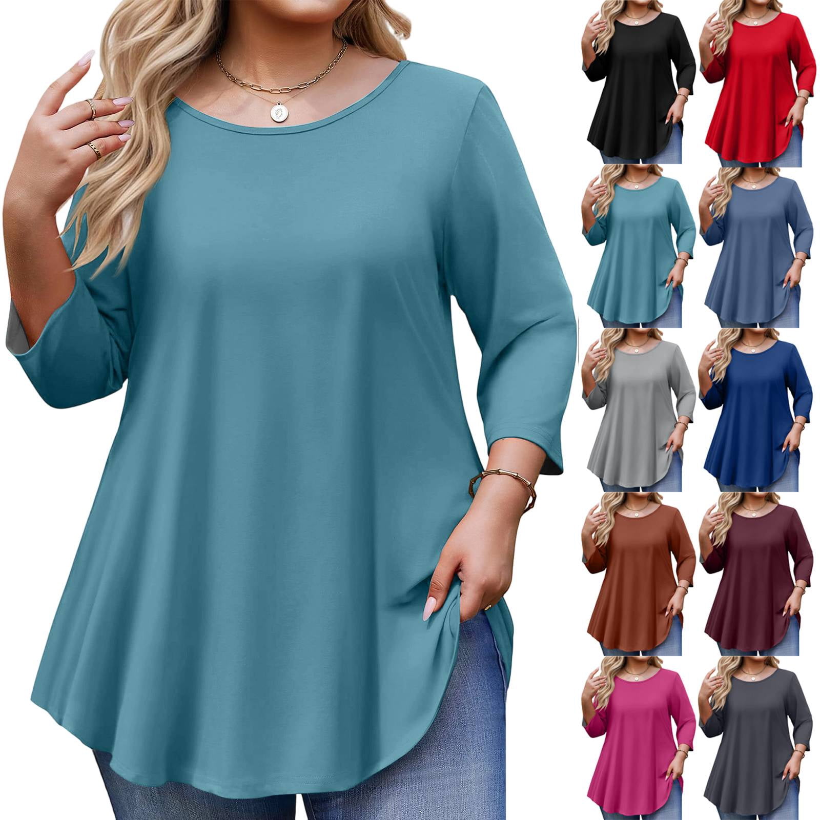 Tunic Tops for Women Plus Size 3/4 Sleeve Crew Neck Swing Flare Loose T ...