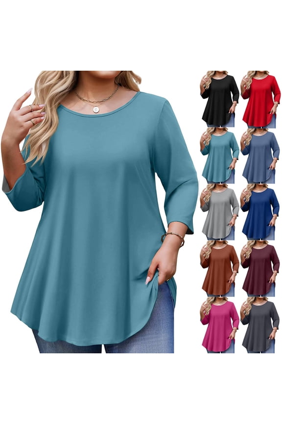 Tunic Tops for Women Plus Size 3/4 Sleeve Crew Neck Swing Flare Loose T-Shirt Blouses to Wear with Leggings Light Blue 5XL