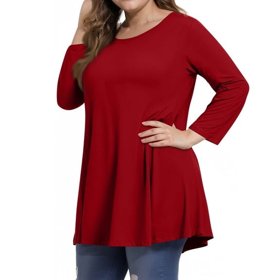 Tunic Tops for Women Plus Size 3/4 Sleeve Crew Neck Swing Flare Loose T-Shirt Blouses to Wear with Leggings Red 2XL