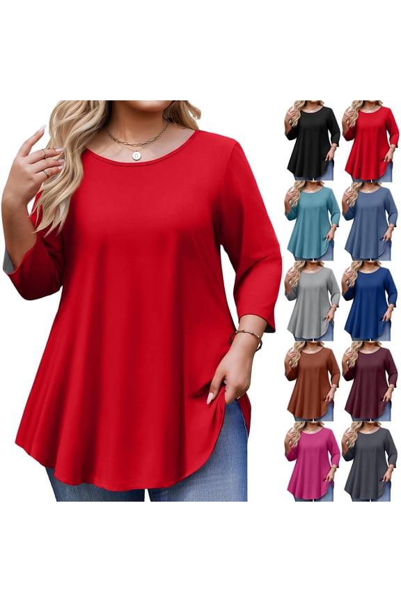 Tunic Tops for Women Plus Size 3/4 Sleeve Crew Neck Swing Flare Loose T-Shirt Blouses to Wear with Leggings Red 3XL