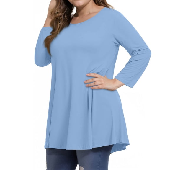 Tunic Tops for Women Plus Size 3/4 Sleeve Crew Neck Swing Flare Loose T-Shirt Blouses to Wear with Leggings Sky Blue 2XL