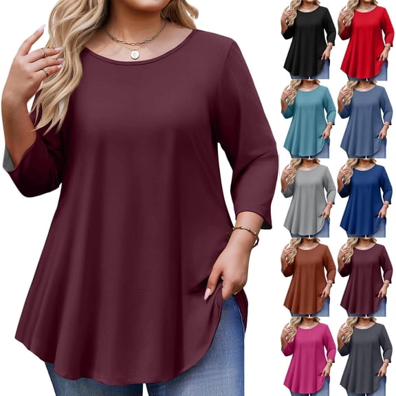 Tunic Tops for Women Plus Size 3/4 Sleeve Crew Neck Swing Flare Loose T-Shirt Blouses to Wear with Leggings Wine 3XL
